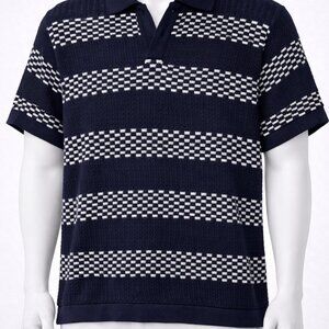 American Eagle Polo Shirt Men's Navy Blue cotton crochet striped Size Large
